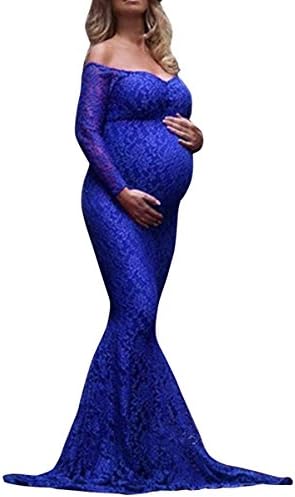 TAORE Sexy Maternity Dress Sheer Lace Gown Short Sleeve Maxi Photography Dress (2XL, Fishtail-Blue)
