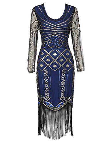 Women's Long Sleeve Flapper Dress 1920s Great Gatsby Sequin Inspired Cocktail Dresses (Blue Long Sleeve, M)