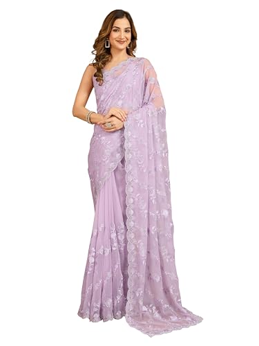 TRENDMALLS Women's Chiffon Embroidery Zarkan Work Saree with Unstitched Blouse Piece (K1240-LightPurple)