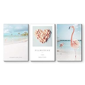 3 Panel Canvas Wall Art - Flamingo Triptych Series | Caribbean Red Stork on Beach in Heaven - Giclee Print Gallery Wrap Modern Home Art Ready to Hang - 16"x24" x 3 Panels