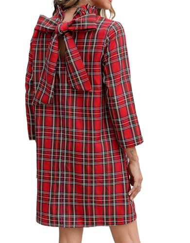 Kedera Women's Fall Bow Tie Dress Casual Mini Dress Ruffle Mock Neck Long Sleeve Dress Swing Elegant Shift Dress