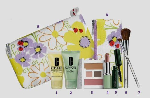 Brand New Clinique 2013 Spring 9 Pcs Beauty Essentials (Violet Color) Gift + Brush Set, Includes: (1) 7 Day Scrub Cream Rinse Off Formula 1 Oz, (1) Dramatically Different Moisturizing Lotion 1 Oz, (1) High Impact Mascara in Black, (1) Compact with Twilight Mauve/brandied Plum Duo Eye Shadow, Blusher in Pink Blush and Bronzer in Sunkissed, (1) Full Size Lipstick *Shy*, (1) Eye Shadow Brush, (1) Blush Brush and (2) Cosmetic Bags. $65 Value.