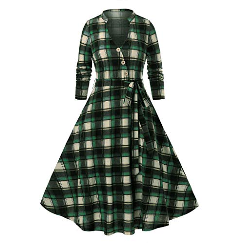 Lutos Women Vintage Plus Size V-Neck Long Sleeve Buffalo Check Plaid Print Button Belt Long Dress