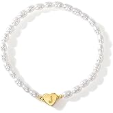 SHINUS BOHO Gold Heart Beaded Charm Freshwater Pearl Initial Bracelets for Women,Enewton Cute Handmade Stretch Beads Ball Trendy Jewelry Prom Holiday Gifts for Her