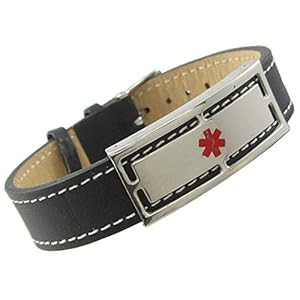MyIDDr Genuine Leather Medical Alert Bracelet with Free Engraving 7in-8.25in Black