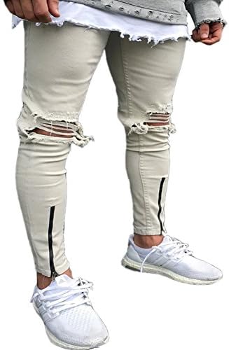 White Skinny Fashion Men's Ripped Slim Straight Biker Jeans With Zipper Deco (32)