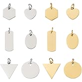 Cheriswelry 12Pcs 201 Stainless Steel Stamping Blank Tag Pendants Heart Triangle Hexagon Rectangle Oval Flat Round Metal Charms with Jump Rings 10.5-20mm for DIY Necklace Jewelry