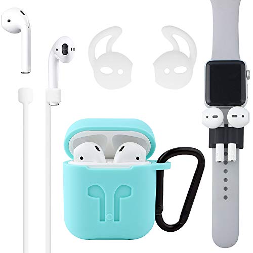 Airpods Case, [Airpods Accessories Set][Airpods Ear Hook][Airpods Watch Band Holder][Airpods Keychain][Airpods Strap][Silicone Cover] Best Kit [XCITING] for Apple AirPods Charging (Mint Green Kit)