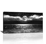 Canvas Art Black White Moon Sea Ocean Landscape Paintings Canvas Wall Art Print Paintings Modern Giclee Artwork for Wall Decor and Home Decor Stretched and Framed Ready to Hang(Ocean&Moon20 x 40inch)