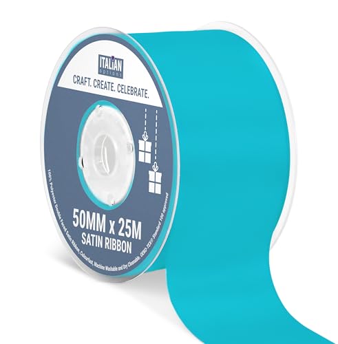 Italian Options Satin Ribbon, Fabric Ribbons for Gift Wrapping, Crafting, Balloons, Wedding Car, Presents, Cake, Christmas, Birthday, Gift Wrap Accessories, 50mm Wide x 25 Metre Roll, Turquoise