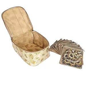 Kuber Industries PVC Jewellery kit with 10 Pouch|Solid Print With Waterproof Outer Material|10 Pouches & Zipper Closure|Size 24 x 18 x 23, Pack of 1 (Gold)