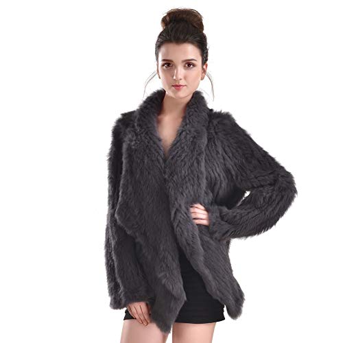 VEMOLLA Women's Genuine Knit Rabbit Fur Coat Jacket Outwear with Pocket - Thumbnail 4