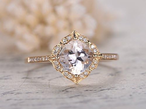 7mm Cushion Cut Pink Morganite Solid 14k Yellow Gold Diamond Engagement Ring Antique Halo Wedding Bridal Set Floral Vintage Anniversary Gift Birthstone Half Eternity