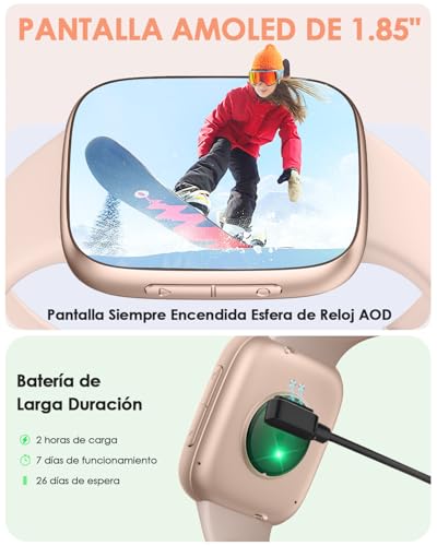 E T EASYTAO Smartwatch Mujer, Pantalla AMOLED de 1.85", Resistencia al Agua 3 ATM, Llamadas Bluetooth, Reloj Inteligente Mujer, 100+ Modos de Entrenamiento, Control por Voz, Rosa