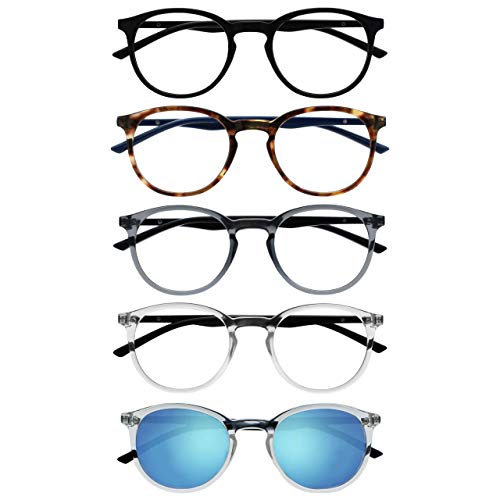 OPULIZE MET Reading Glasses and Reading SunGlasses for Women Men, Round Frame, Black,Brown,Grey,Clear,Clear Sun +0 (Pack of 5)