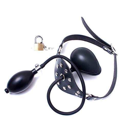 Leather Bondage Inflatable Strap-on Mouth Gag Bound Masks – Faux Leather Lockable & Panel Gag Open Mouth Plug Breathable Restraint Head Hood for Unisex Adults Couples, BDSM/LGBT Fetish Hood