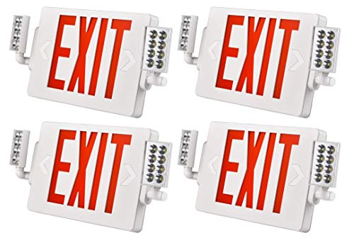 Gruenlich LED Combo Emergency EXIT Sign with 2 Adjustable Head Lights and Double Face, Back Up Batteries- US Standard Red Letter Emergency Exit Lighting, UL 924 Qualified, 120-277 Voltage (4-Pack)