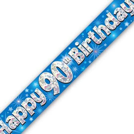 British Ballet® 90th Happy Birthday Banner (2.7m x 13cm) • Holographic Foil Party Decoration for Age 90 Celebrations • Glitter Garland in Sparkling Blue • Banners for Indoor & Outdoor