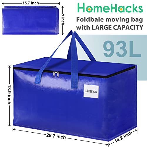 HomeHacks Moving Bags Heavy Duty with Strong Zippers and Handles Collapsible Moving Supplies, Storage Totes for Packing & Moving Storing 93L,8-Pack, Blue