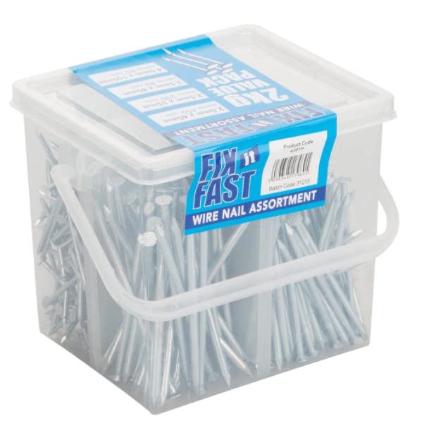 Hardware-Solutions - Wire Nails - Hardened Bright Zinc Plated - Plastic Tub Reusable - Assorted Sizes - Pack 775