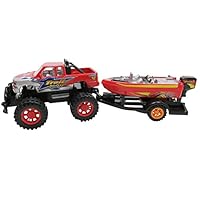 Mozlly Monster Truck Trailer & Speed Boat Friction Push Powered Hauler Play Set Outdoor Beach Sandbox Boy Toy Monster Truck Fun Toy Vehicle Adventure for Boys Kids Toddlers Red Or Black Color