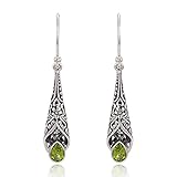 925 Sterling Silver Bali Detailed Filigree Genuine Green Peridot Dangle Earrings-Nickle Free