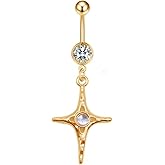Zynova 14G Stainless Steel Dangle Belly Button Rings for Women Dainty CZ Four-Pointed Star Belly Rings Navel Body Piercing Jewelry