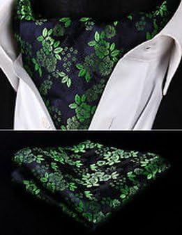 MENDONG - Green Navy Blue Floral Men Silk Cravat Ascot Tie Handkerchief Set