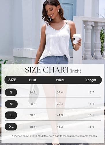 FEUHUNT WOMEN TANK TOPS SUMMER CASUAL TOPS V NECK SLEEVELESS FLOWY SHIRT LOOSE FIT SPAGHETTI STRAP TUNIC WHITE