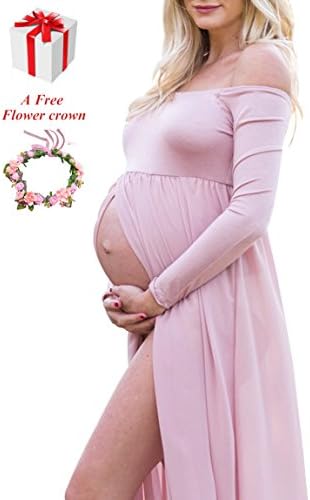 Women's Maternity Wedding Photography Dress Stretchy Photoshoot Baby Shower Long Sleeve Chiffon Split Front Maxi Pregnant Pink Large