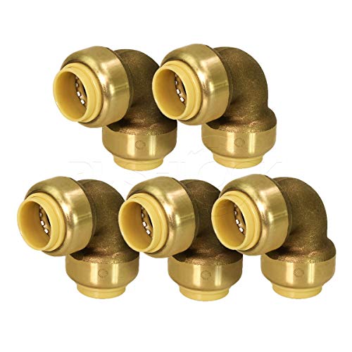 Pushlock UPE9034-5 90 Degree Elbow Pipe Fittings Push to Connect Pex Copper, CPVC, 3/4 Inch, Brass Pack of 5