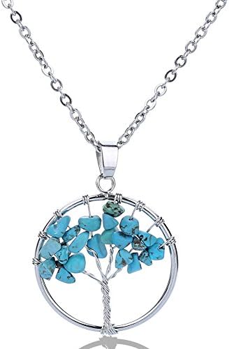 Tree of Life Pendant Necklace with Turquoise Nature Stone, Handmade Necklace makes for a Great Gift for Girlfriend, Women, Mother, Grandma or Anyone Special and Dear (3cm)