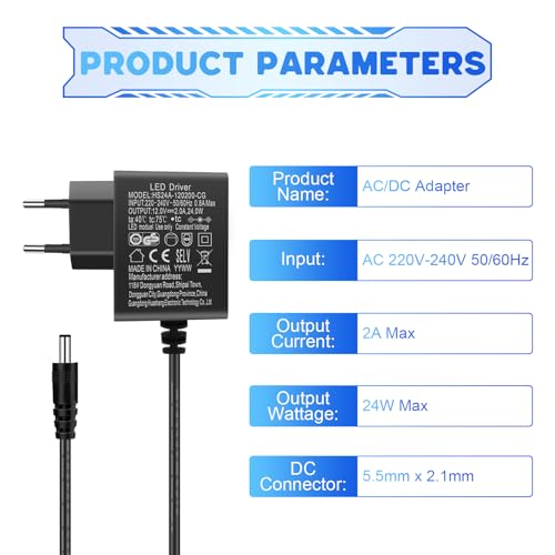 Transformer 220V to 12V, Power Supply 12V 2A, AC Input Power Adapter 200-240V, 24W Power Supply 12V for LED Strip, Transformer, IP Camera, External Hard Drive