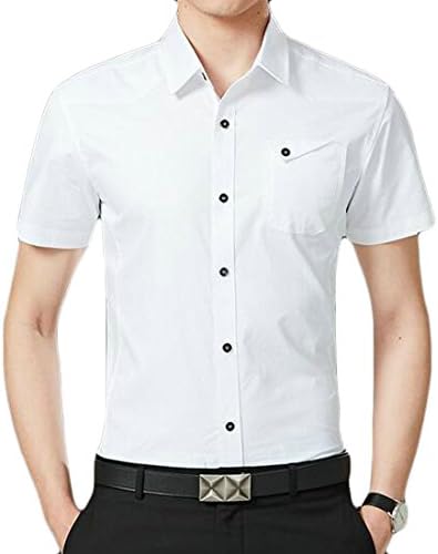 Lutratocro Mens Solid Short Sleeve Workwear Button Front Casual Slim Fit Dress Shirt White Large