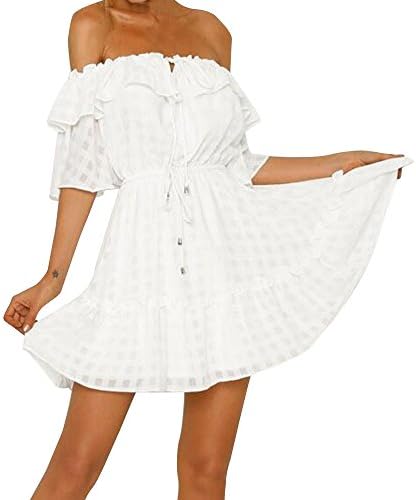 HimTak Women Sexy Evening Party Dress, Ladies Sexy Off Shoulder Ruffle Sleeve Mini Dress (M, WH)