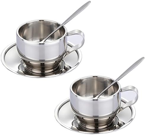 Coffee Cup Set - Stainless Steel Double Walled Insulated Coffee Mug Espresso Latte Cappuccino Tea / Milk Cup with Saucer and Spoon,125ml/4.2 oz (2)