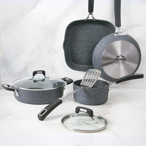 Batterie de casseroles New Petra Dark, casseroles et poêles pour induction et four jusqu'à 180°C, antiadhésives avec manique et cuillère en acier (7 pièces)