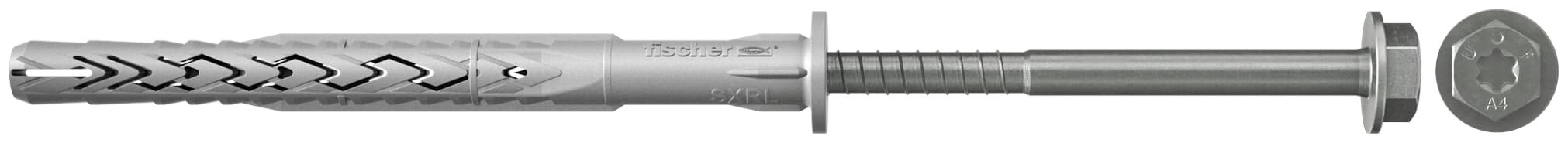 fischer SXRL 8 x 80 FUS R Long Shaft Dowels with Hex Screw & Moulded Stainless Steel U Washer, Nylon Dowels for Fixing Metal Constructions, Pack of 50