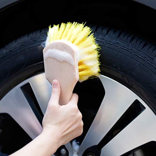 CARCAREZ Yellow Hard Stiffy Car Wheel Cleaning Brush with Short Handle for Auto Vehicle Truck Motorcycle Tire Washing Scrubbing