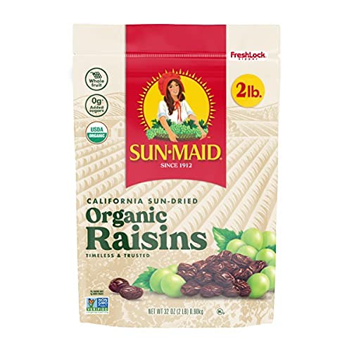 SUN-MAID ORGANIC CALIFORNIA SUN-DRIED RAISINS – (2 PACK) 32 OZ RESEALABLE BAG – ORGANIC DRIED FRUIT SNACK FOR LUNCHES, SNACKS, AND NATURAL SWEETENERS