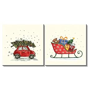 2 Panel Square Christmas Theme Drawing of Car...