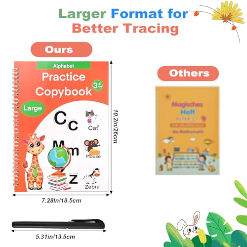 6 Reusable Handwriting Practice Books for Kids Ages 3-8 - Large Magic Grooved Workbooks with Pens | Letter & Number Tracing, Drawing & Maths | Preschool & Reception Set - 26 x 18.5cm