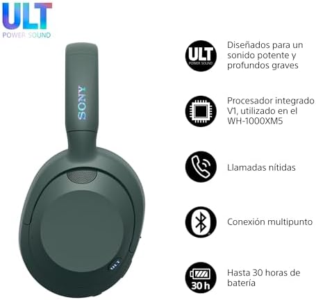 Sony ult wear, fones de ouvido bluetooth sem fio com som ult power, graves profundos definitivos, cancelamento de ruído, qualidade de chamada cristalina, bateria com duração de até 30 horas, ios e android, cinza floresta