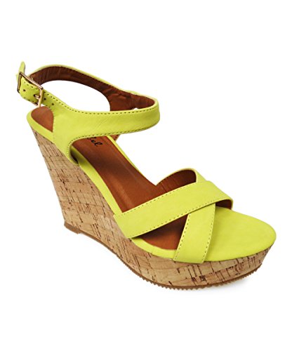 Bonnibel Women's Tracie Strappy Open Toe Wedges Platform Wedge Heel Sandals (10, Lemon)