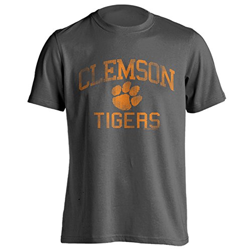 Clemson University Tigers Distressed Retro Logo Tiger Paw Ash Heather Short Sleeve T-Shirt (Charcoal, XL)
