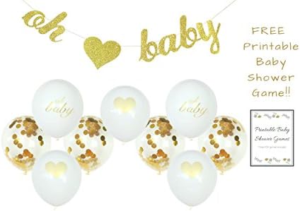 Baby Shower Decorations ALL INCLUSIVE SET Gender Neutral OH BABY Banner | BABY SHOWER GAMES | 9PC Balloons (Glitter Gold Confetti, White) ALL EVERYTHING SET Pregnancy Announcement Gender Reveal Party