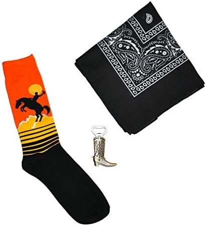 Rodeo Gift Bundle for Men - Set of 3 Items - Crew Socks, Bottle Cap Opener &amp; Bandana - Western Cowboy Theme (Black Bandana)