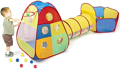 Roadacc 3 in 1 Children Play Tent; Great Over One Year Old Boy or Girl Toy Consist of a House with Basketball Hoop and Five Holes; a Tunnel; Ball Pit Nice Gift for Kids Play with It Outdoor or Indoor