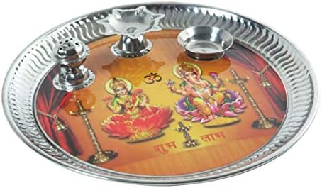 Sakoraware Stainless Steel Pooja Thali with Laxmi Ganesh Saraswati Print, Big Size, 11 Inch (Free Pooja Samagri- Agarabatti, Ghee bAtti, Kumkum)- Best for Home/Gift