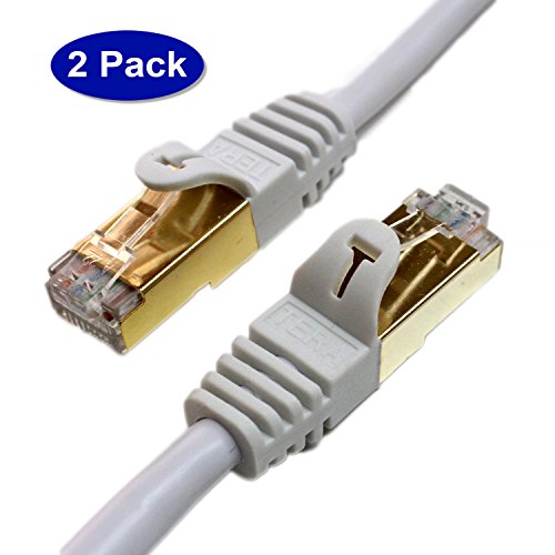 Tera Grand - 3FT - 2 Pack - Premium CAT7 Double Shielded 10 Gigabit 600MHz Ethernet Patch Cable for Modem Router LAN Network, Gold Plated Shielded RJ45 Connectors, Faster Than CAT6a CAT6 CAT5e, White